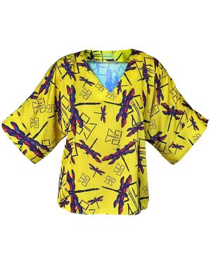 Janara Jones Dragonfly Print Satin V-Neck Oversized Top - Yellow