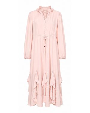 Exquise Long Sleeve Drawstring Waist Tiered Midi Dress - Pink