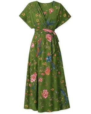 Yumi' Bird And Floral Print Ruched Waist Kimono Midi Dress - Green