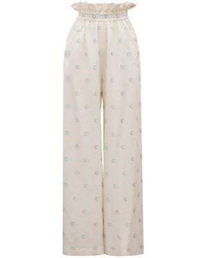 Julia Allert Neutrals Cotton Wide-Leg Trousers With Ruffled Waist - Natural