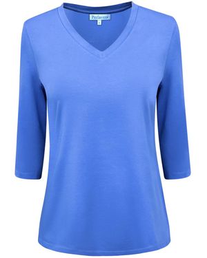 Perlavera Tony Solid Cotton Spandex Three Quarter Sleeve Length V-Neck T-Shirt - Blue