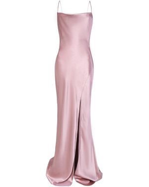 True Decadence Dusty Pink Cowl Neck Satin Backless Thigh Split Maxi Dress