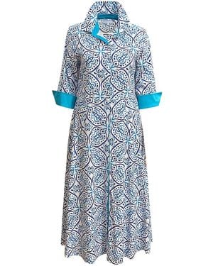 Perlavera Neila Capri Tile Printed Three Quarter Sleeve Flared Bottom Maxi Dress - Blue