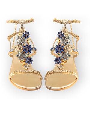 DAMAPREZIOSA Daisy Aquamarine, Jewel Sandal With Crystal Flowers And Block Heel - Metallic
