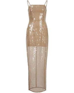 Egyptian Blue Neutrals Spaghetti Long Sequin Dress - Natural