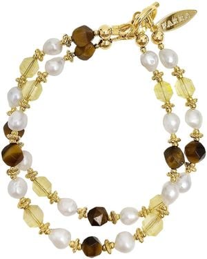 Farra Citrine And Tiger-Eye With Freshwater Pearls Double Layers Bracelet - Metallic