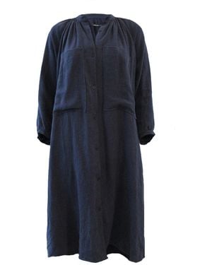 Joeleen Torvick Gathered Linen Midi Shirt Dress - Blue