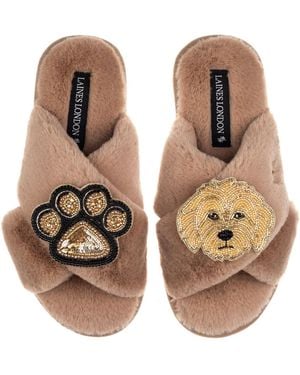 Laines London Neutrals Classic Laines Slippers With Paw & Golden Cockapoo Brooches - Brown