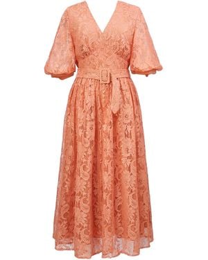 Smart and Joy All-Lace Puffy Sleeves Dress With Belt - Orange