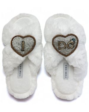 Yomisma Eco Faux Fur Slippers – Recycled Faux Fur + I Do Wedding Removable Hand Beaded Brooches - Metallic