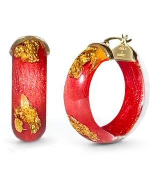 Gold & Honey 24K Leaf Huggie Hoop Earrings - Red
