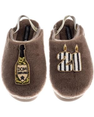 Laines London Neutrals Flatform Cloud Closed Toe Slippers With Stripe 21St Birthday & Dom Darling Brooches - Brown