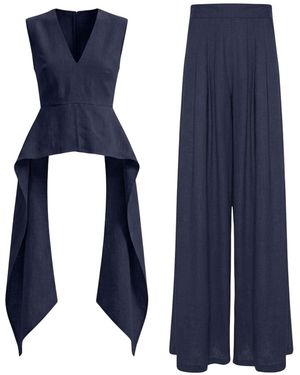 BLUZAT Linen Peplum Top & Wide-Leg Pants Set - Blue