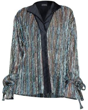 Terese Sydonna Shimmer Tie Sleeve Pleated Tuxedo Top - Blue
