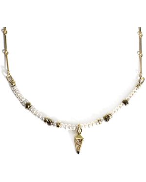Rachel Nathan Pearl & Pyrite & Bar Chain With Art Deco Drop Necklace - Metallic