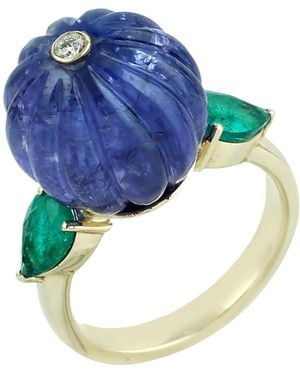 Artisan Carved Tanzanite, Emerald & Diamond Ring - Blue