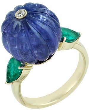 Artisan Carved Tanzanite, Emerald & Diamond Ring - Blue