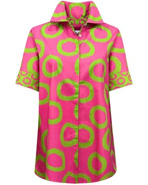 Perlavera Cecil Giant Apple Circle Printed Satin Short Sleeve Length Missy Fit Shirt - Pink