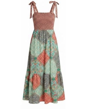 Yumi' Multicolour Patchwork Ruched Smocked Maxi Sundress - Green