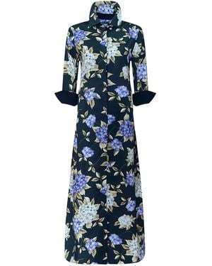 Perlavera Claire Synergy Onyx Printed Cotton, Slim Three Quarter Maxi Dress - Blue