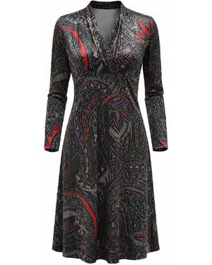 Conquista Elegant Printed Wrap-Style Midi Dress With Long Sleeves - Black