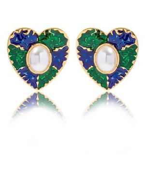 VIEA Esme Heart Shaped Pearl Enamel Earrings - Green