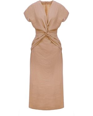 BLUZAT Camel Twist-Front Midi Dress With Cap Sleeves - Natural