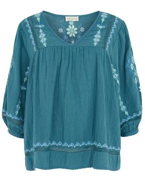 Raffya Alice Gauze Embroidered Cotton Top - Blue