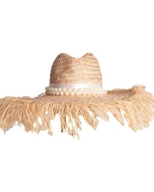 Victoria Charles Headpieces Neutrals Extra Large Natural Straw Hat With Distressed Edge And Extra Large Pearl Trim
