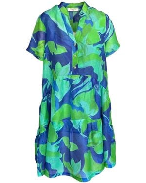 Haris Cotton Mini Printed Linen Blend Short Sleeved Dress With Front Buttons Lagoon - Green