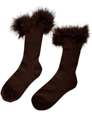 HIGH HEEL JUNGLE by KATHRYN EISMAN Frou-Frou Faux Fur Trim Combed Cotton Socks - Brown