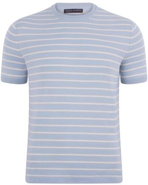 Paul James Knitwear Mens Ultra-fine Cotton Javier Knitted Pin Stripe T-shirt - Blue