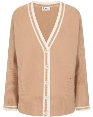 Loop Cashmere Neutrals Striped Tipped V Neck Lofty Cardigan - Natural