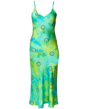 Roy G. Acid Smiley Tie Dye Silk Slip Midi Dress - Green