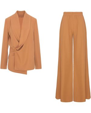 BLUZAT Neutrals Caramel Set With Wrap Blazer And Flared Pants - Natural
