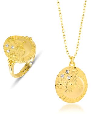Spero London Moon Face Embossed Silhouette Sterling Set Medal Necklace & Ring - Metallic
