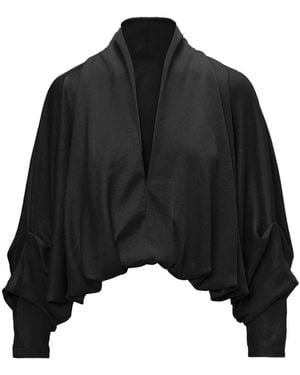 BLUZAT Blouse With Draped Sleeves And V-Neck - Black