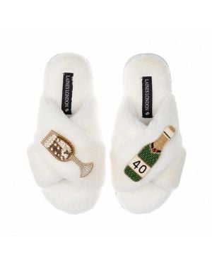 Laines London Neutrals Classic Laines Slippers With Champagne & Glass 40Th Birthday Brooches - White