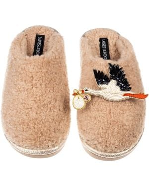 Laines London Neutrals Toffee Teddy Closed Toe Slippers With New Baby Stork Brooches - Natural