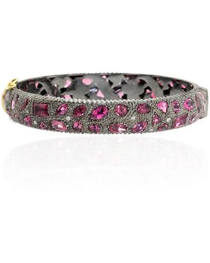 Artisan Diamond With Pink Tourmaline Gemstone In 18k Solid Yellow Gold & Silver Designer Bangle - Purple