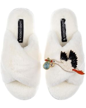 Laines London Neutrals Cream Classic Laines Slippers With Baby Boy Stork Brooch - White