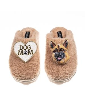 Laines London Neutrals Teddy Closed Toe Slippers With Roxy The German Shepherd & Dog Mum/Mom Brooches - Metallic