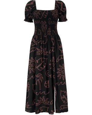 Sugarhill Nicole Shirred Midi Dress, Tropical Lines - Black