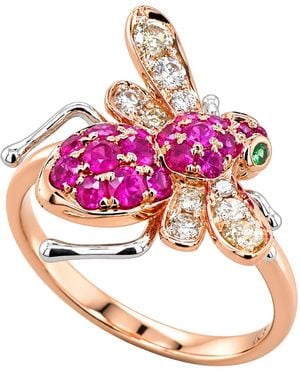 Artisan 18K & Garnet, Ruby & Diamond Bee Ring - Pink