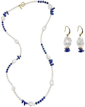 Farra Baroque Pearls Wth Lapis And Kyanite Long Necklace And Earrings Set - Blue