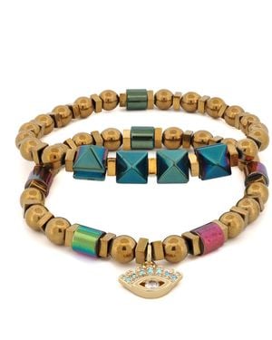 Ebru Jewelry Evil Eye Charm Fashion Style Hematite Beaded Bracelet Set - Metallic
