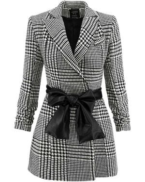 AVENUE No.29 Houndstooth Wool Blazer Dress With Contrast Belt - Black