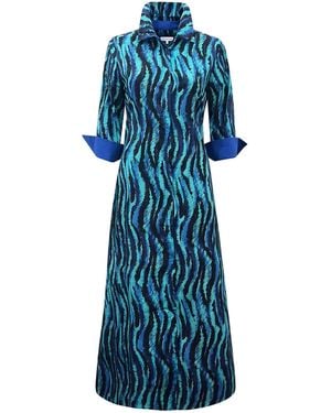 Perlavera Claire Tide Cotton Printed, Slim, Three Quarter Maxi Dress - Blue