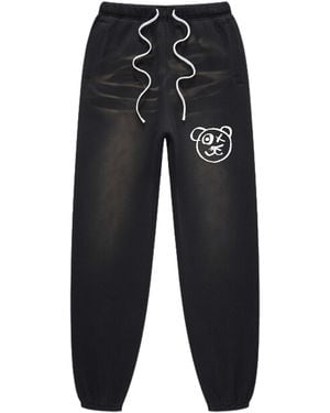X Ilona Blue Universal Fit Graffiti Teddy Bear Cotton Espresso Vintage Wash Joggers - Black
