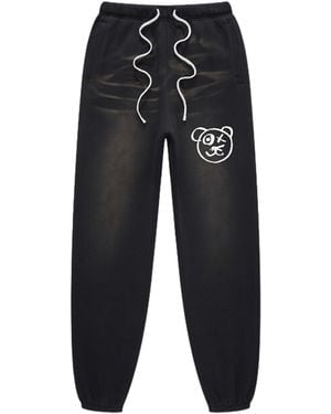 X Ilona Blue Universal Fit Graffiti Teddy Bear Cotton Espresso Vintage Wash Sweatpants - Black